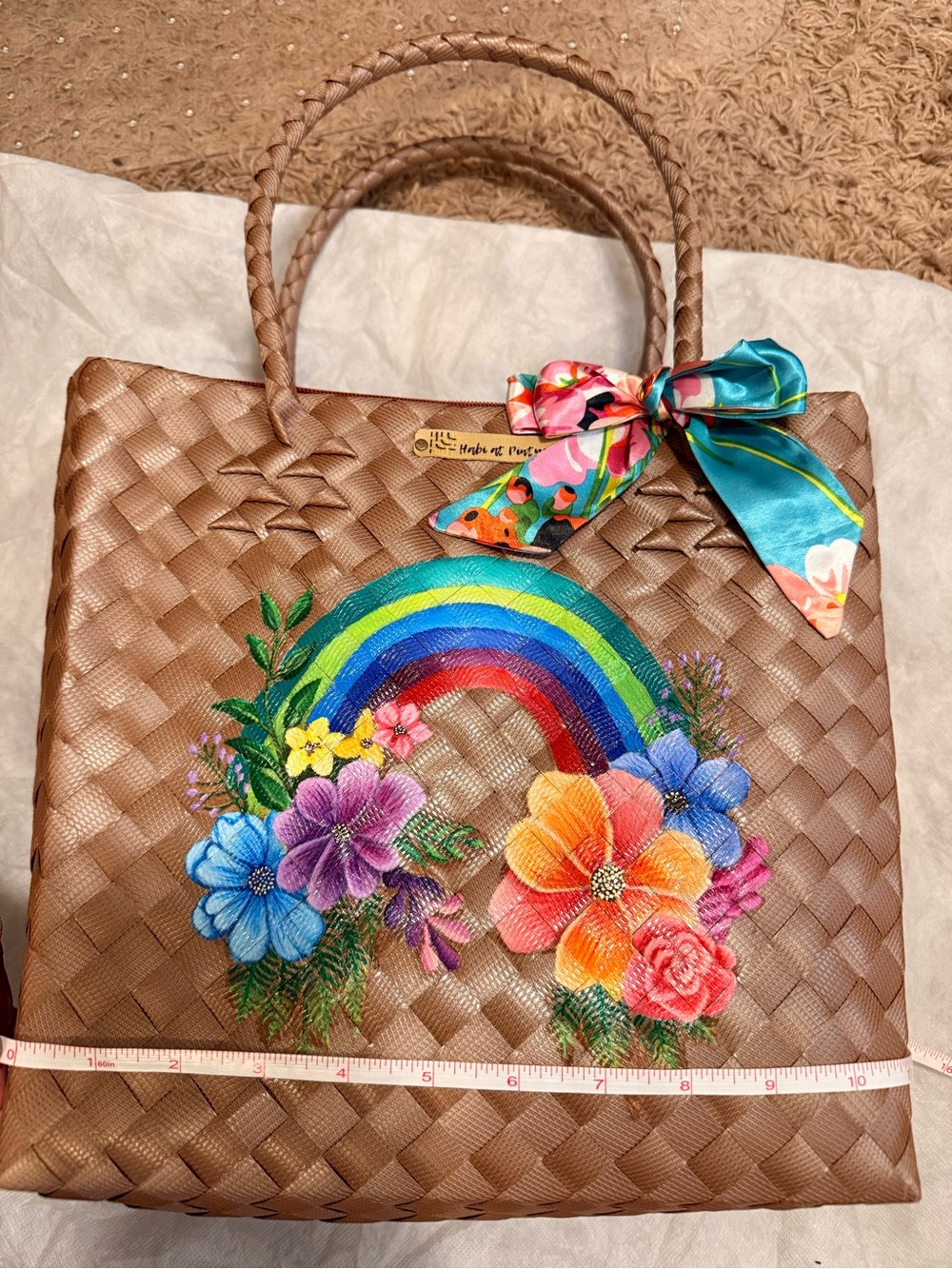 Habi at Pintura Rainbow Floral Plastic Bayong Waterproof Tote Bag Brown - Picture 2 of 8